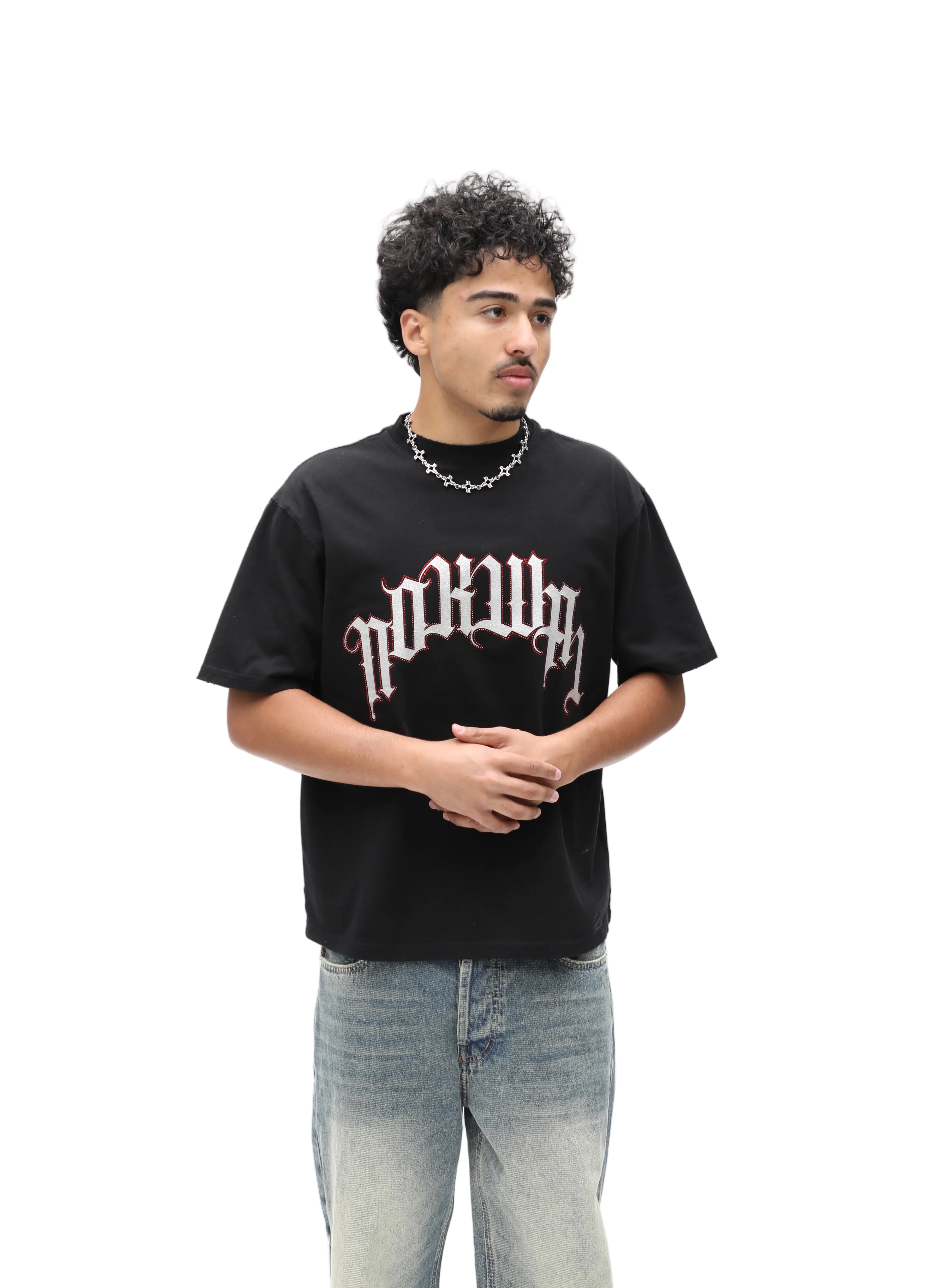 Rhinestone Arch Logo Tee -Jet Black