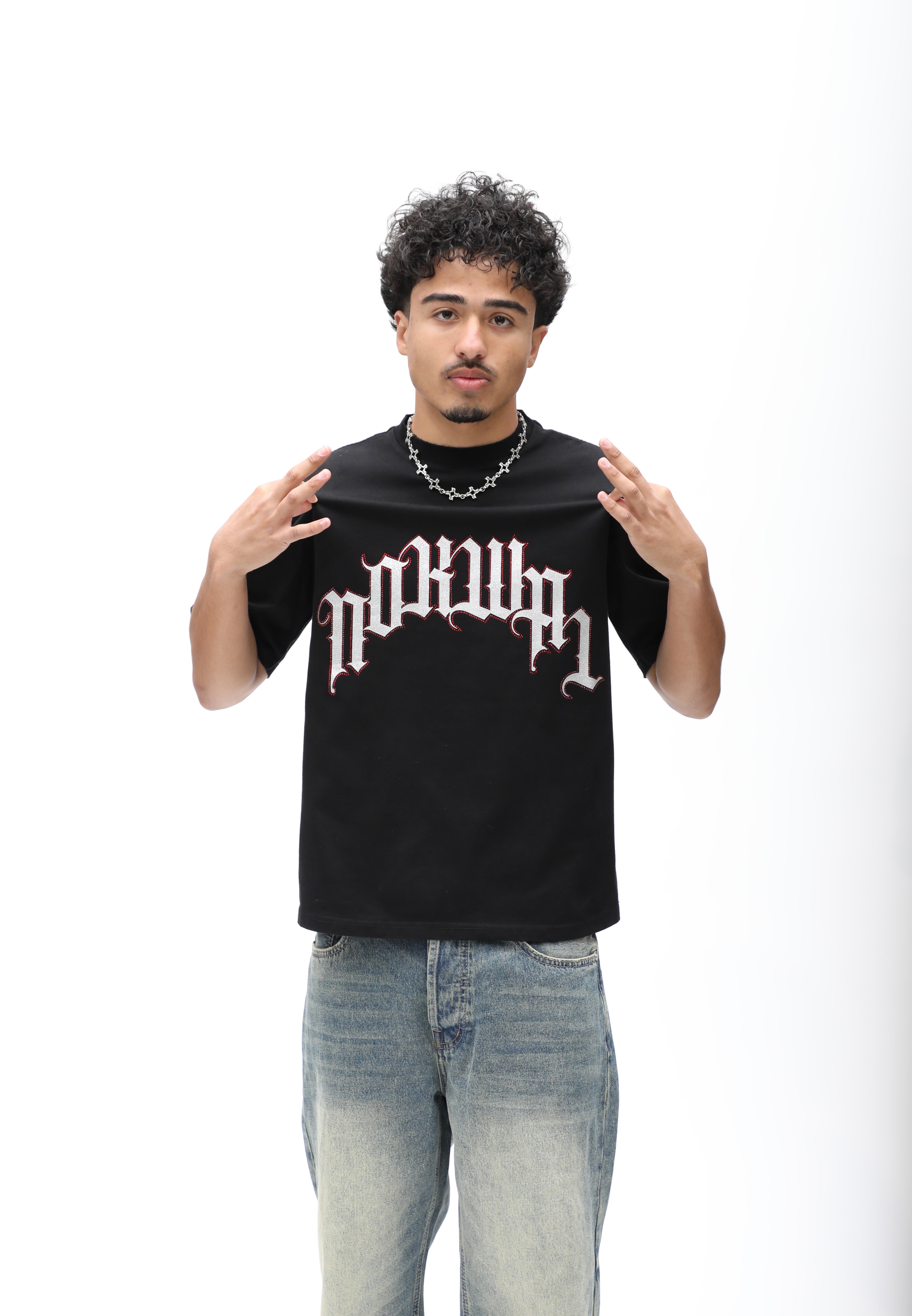 Rhinestone Arch Logo Tee -Jet Black