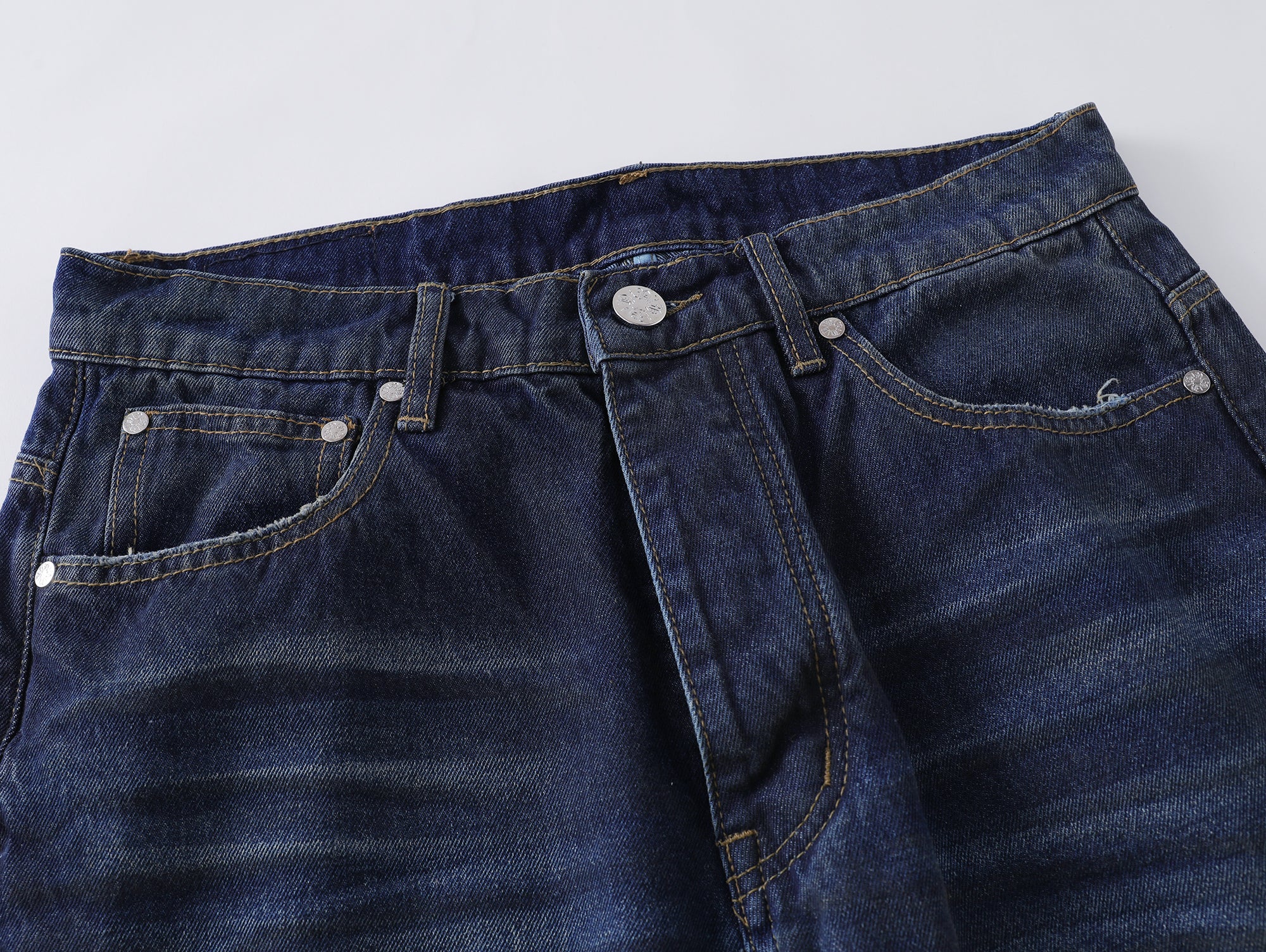 Blue Straight Leg Washed Raw Faded Denim
