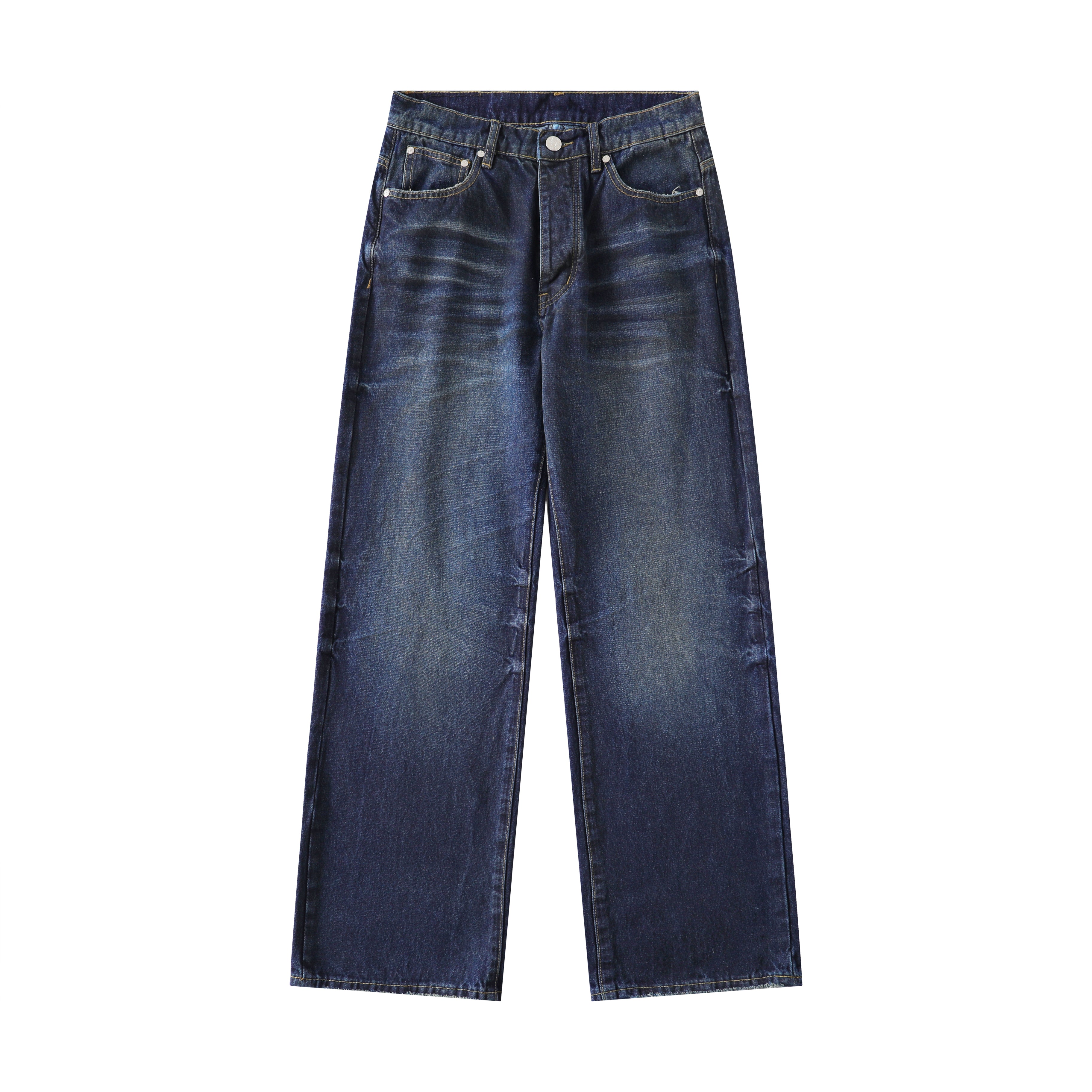 Blue Straight Leg Washed Raw Faded Denim