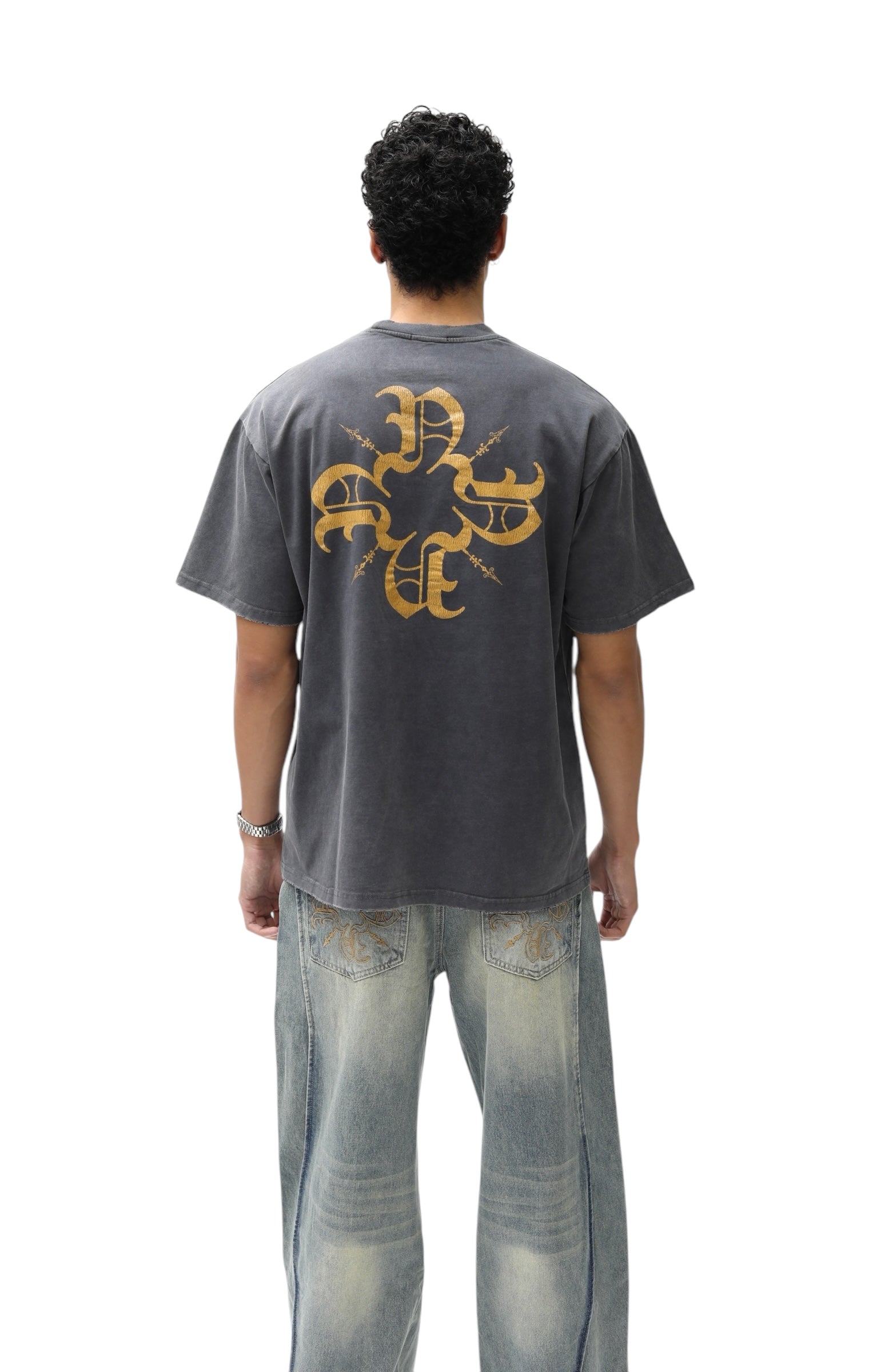 Cracked Paint Grey/Yellow Monogram Tee