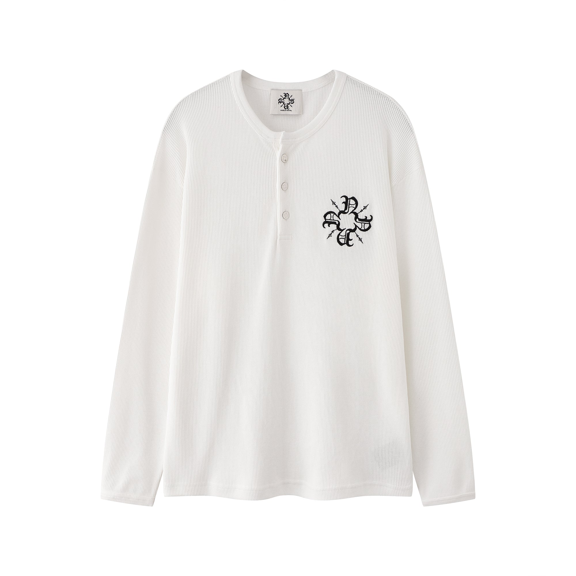 Waffle Three Button Henley White