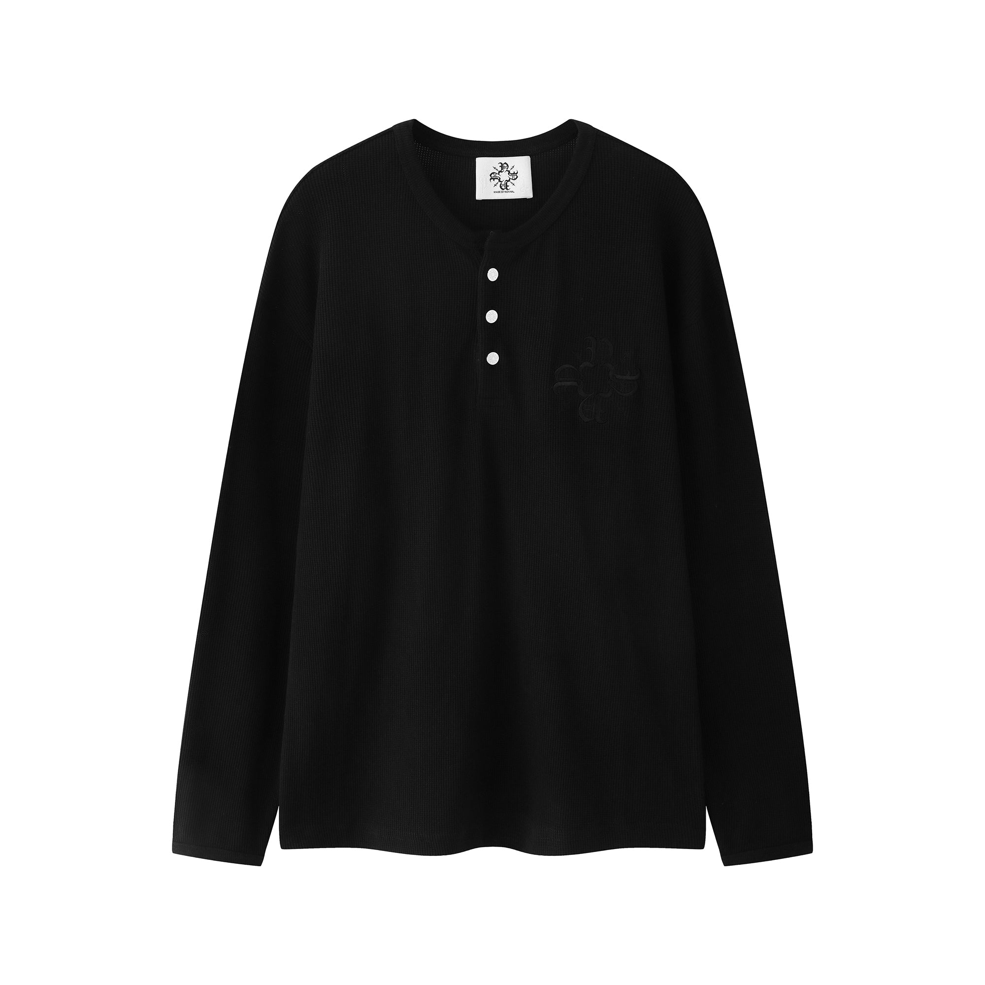 Waffle Three Button Henley Black