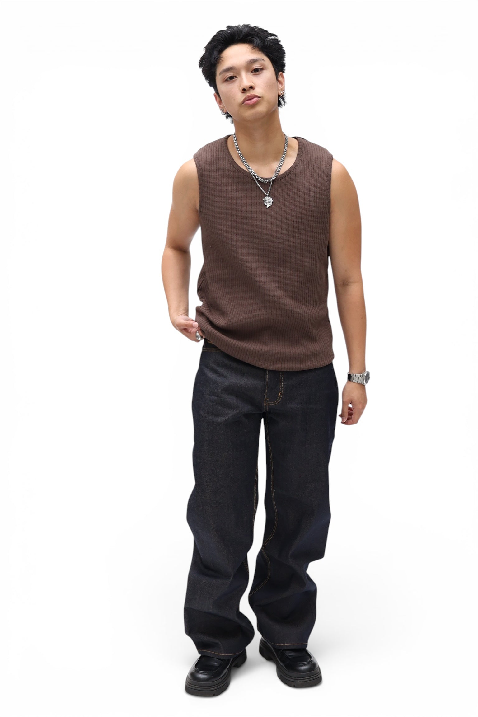 Waffle Knit Vest Tank-Espresso Brown