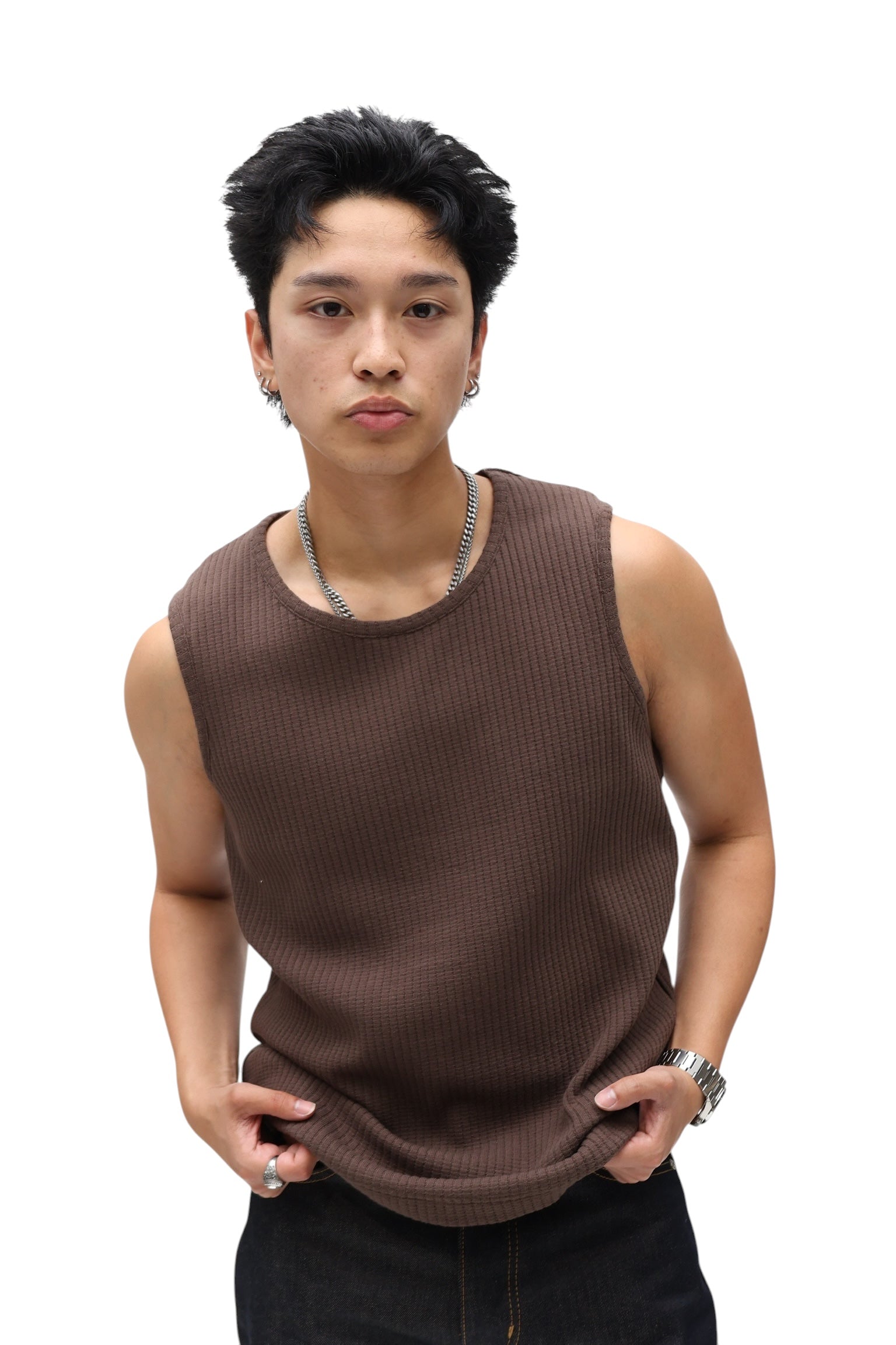 Waffle Knit Vest Tank-Espresso Brown