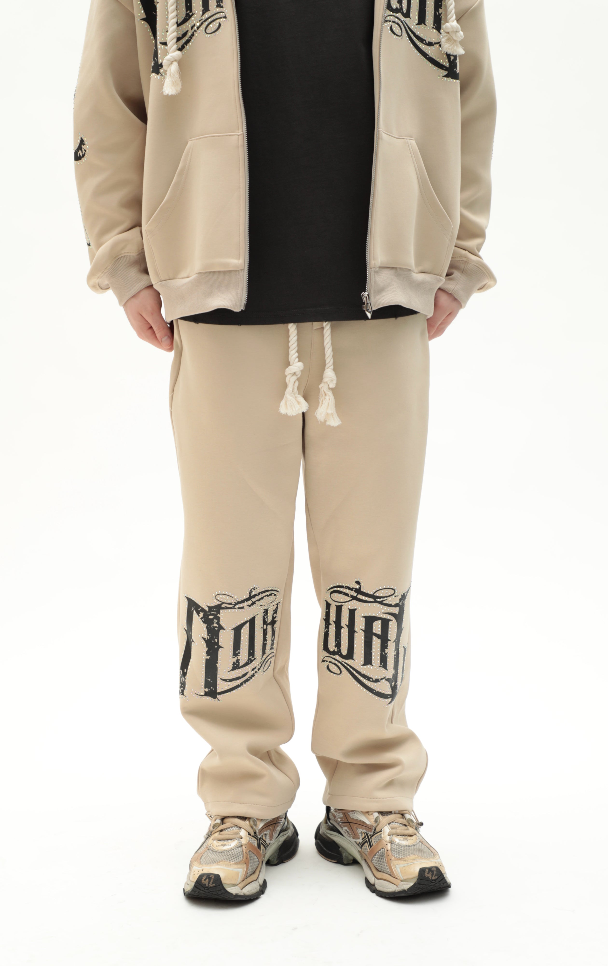 Rhinestone Straight Leg Sweats - Beige