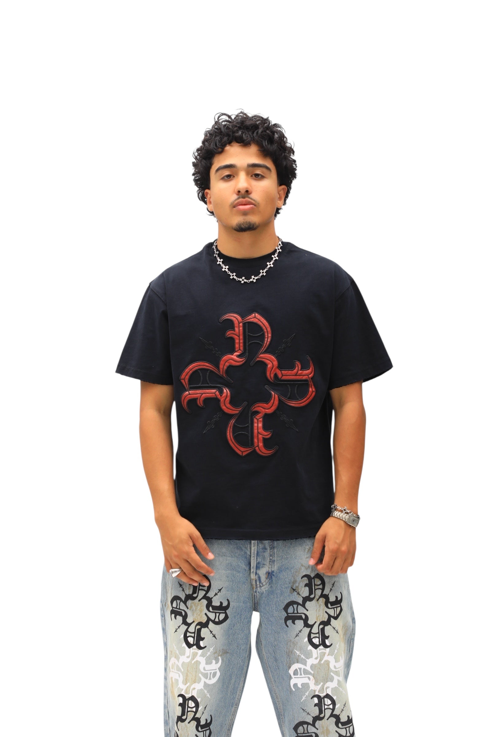 Leather patches Tee -Black