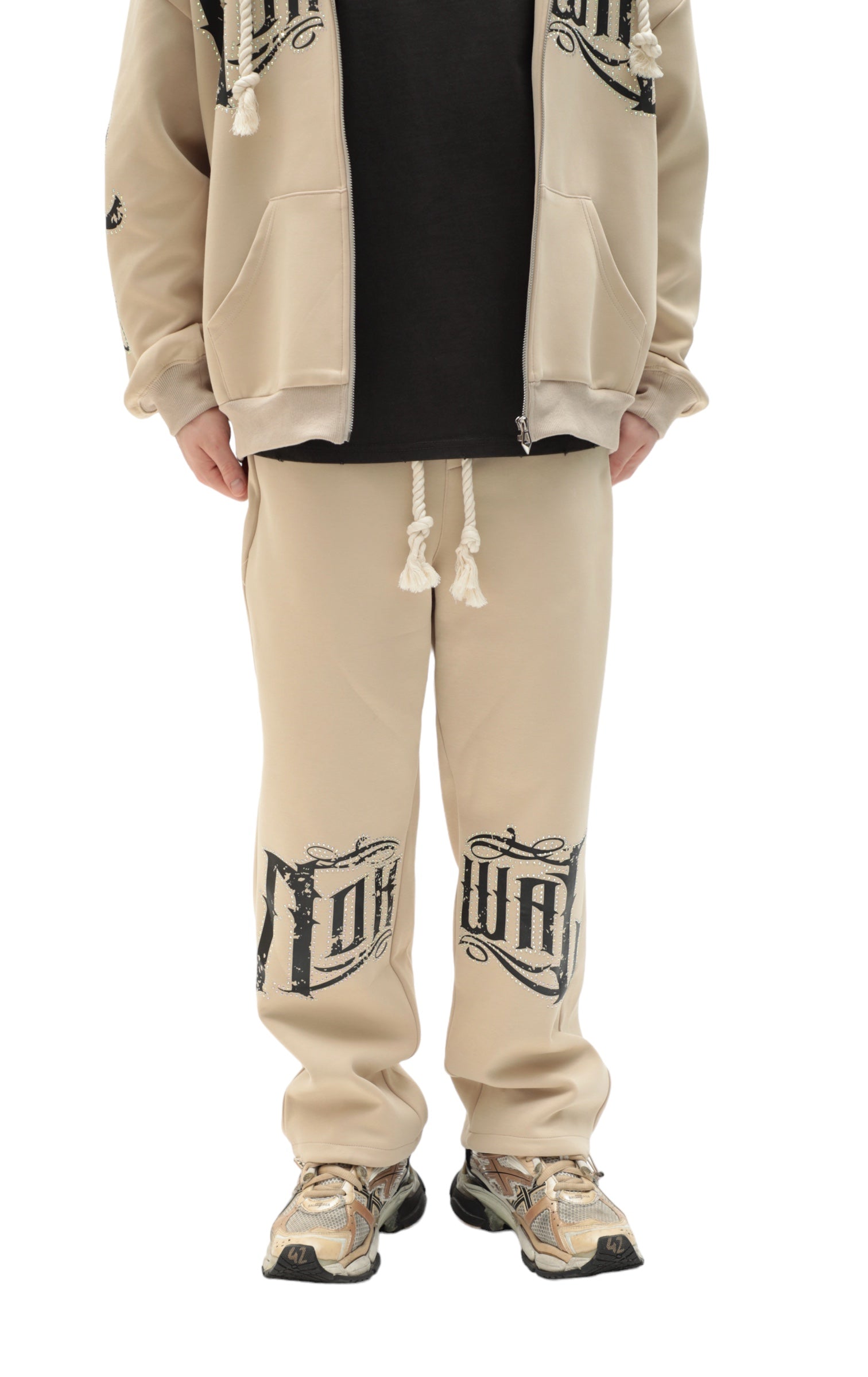 Rhinestone Straight Leg Sweats - Beige