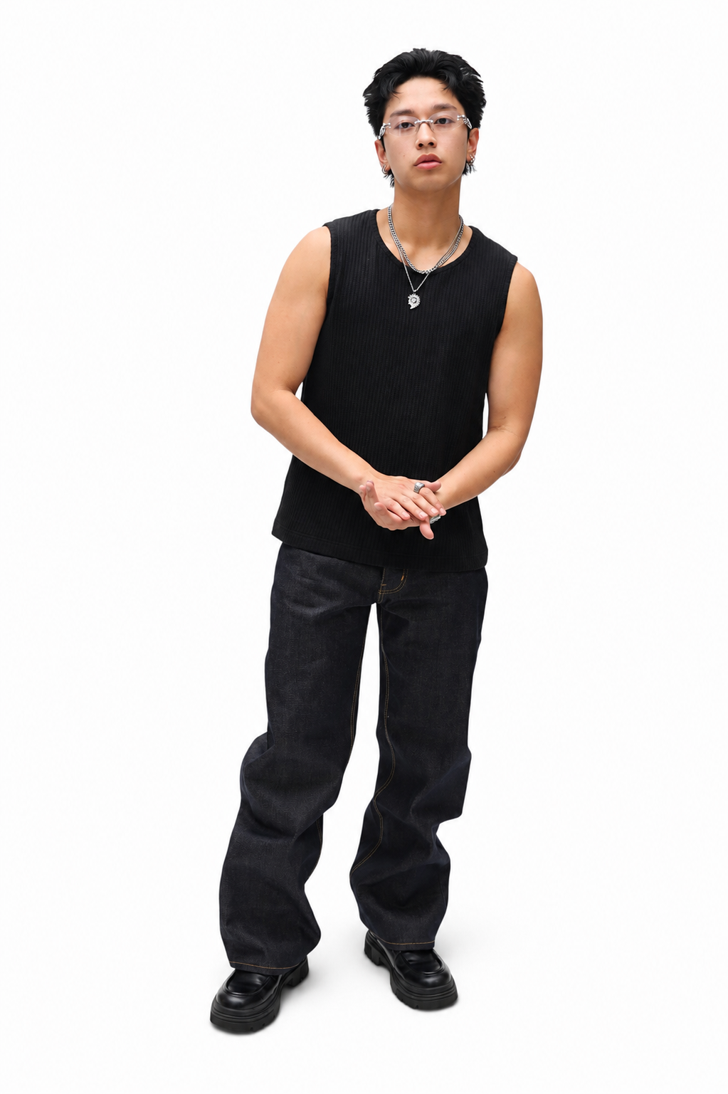 Waffle Knit Vest Tank - Black