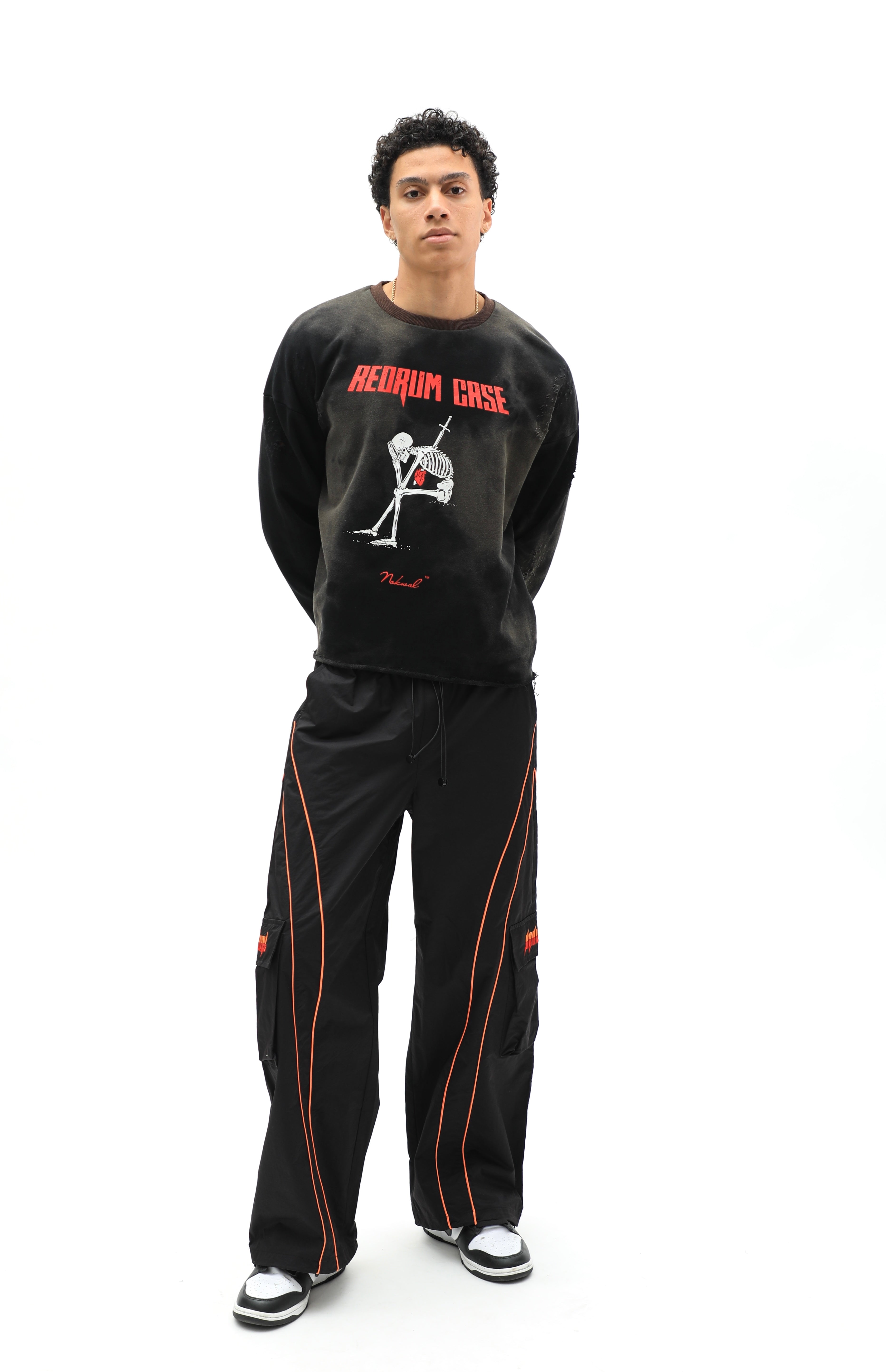 Black/Orange Baggy Cargo Sports Track Pants