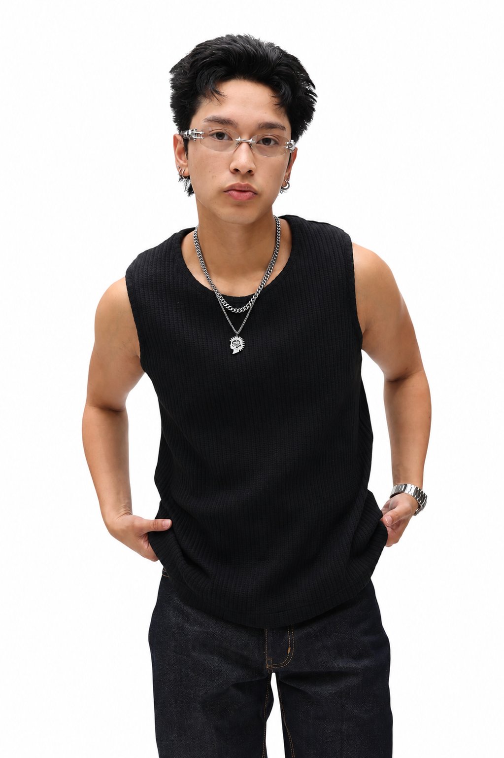 Waffle Knit Vest Tank - Black