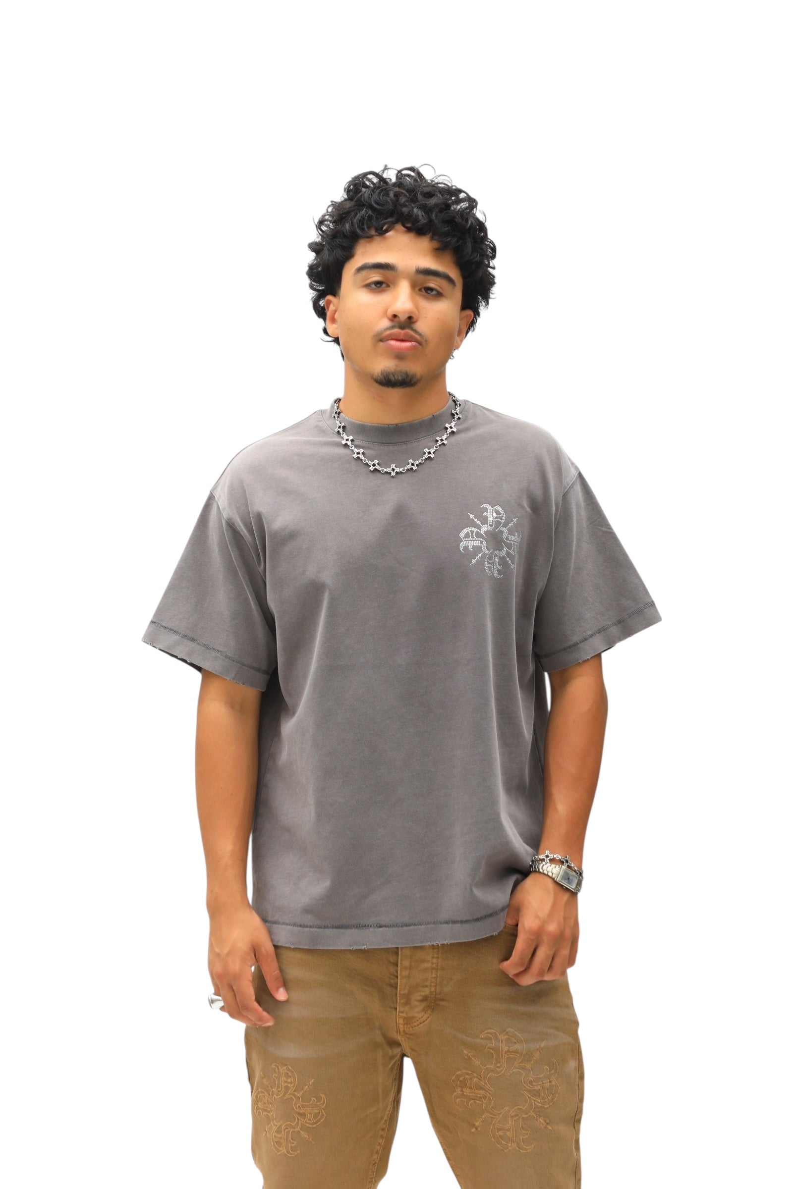 Monogram Rhinestone Tee -Grey