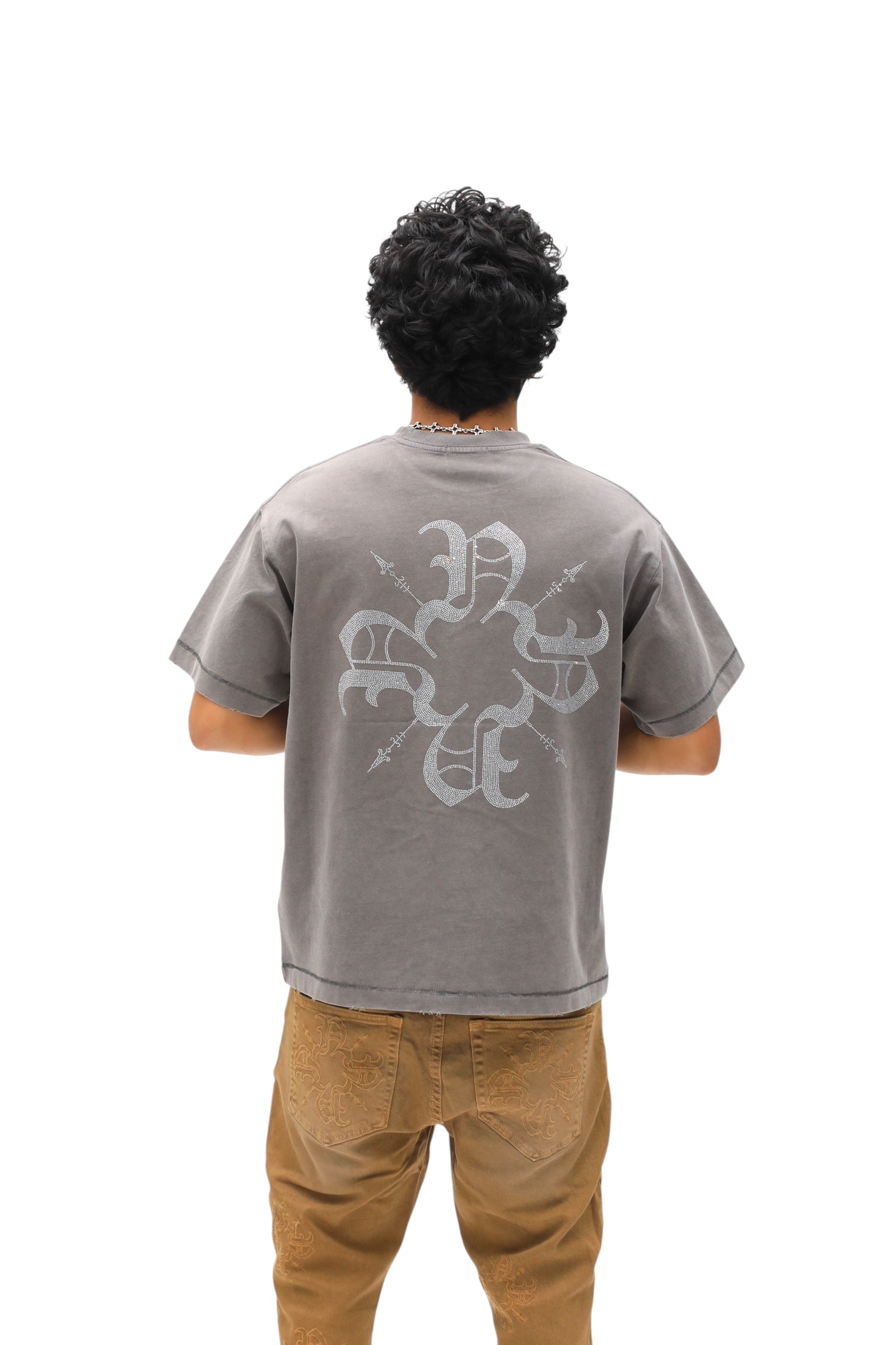 Monogram Rhinestone Tee -Grey