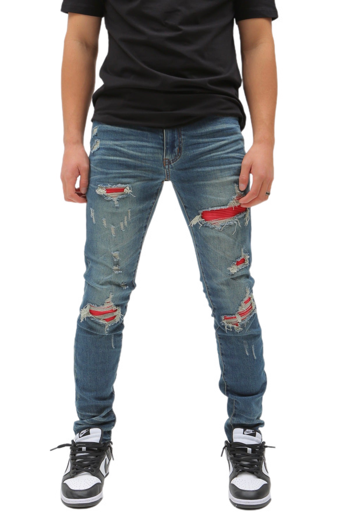 Nokwal Heavy Distressed W/ Red Leather Blue Skinny Denim