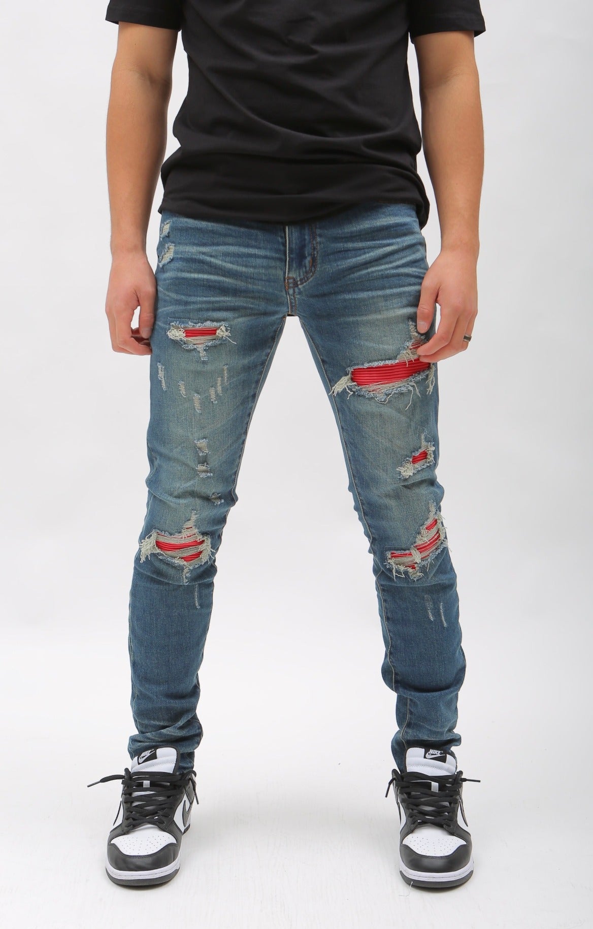 Nokwal Heavy Distressed W/ Red Leather Blue Skinny Denim