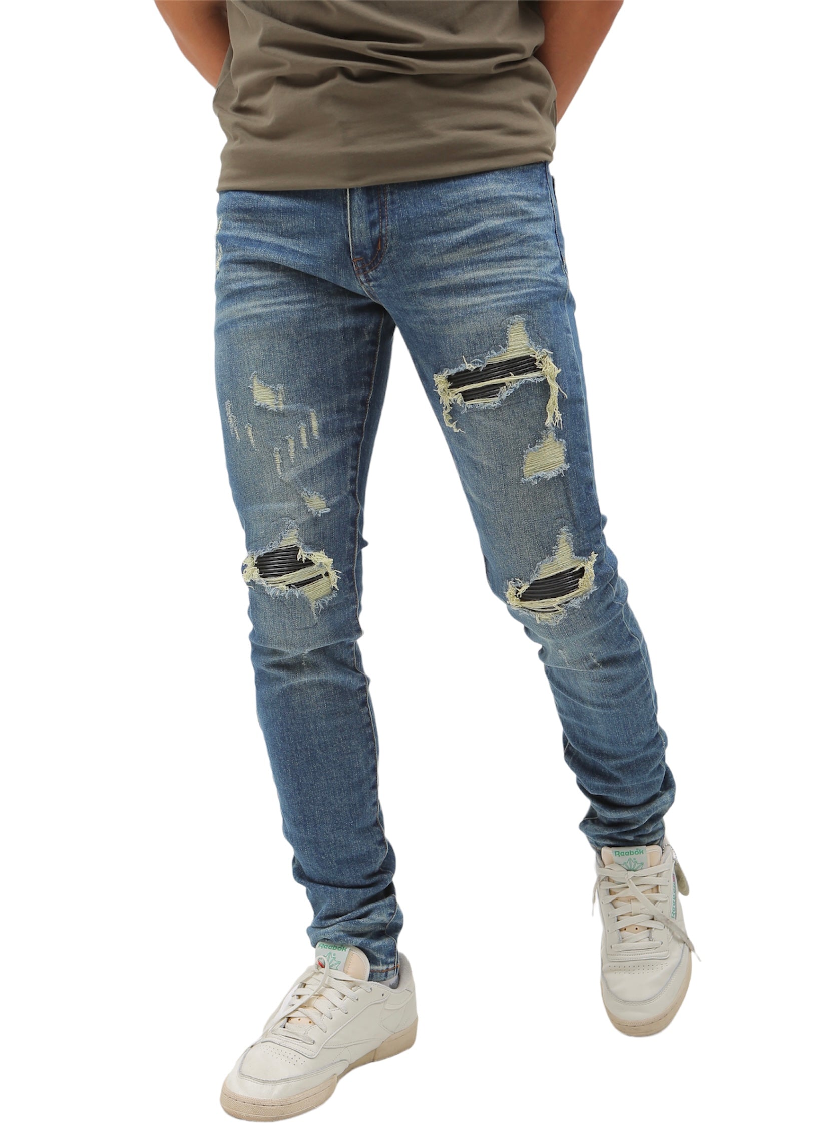 Heavy Distressed Blue Washed Skinny Denim W/ Black Leather