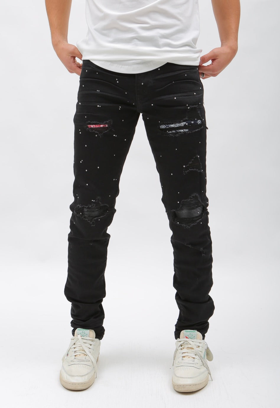 Nokwal Jet Black Destructed Denim W/ Rhinestones Diamonds